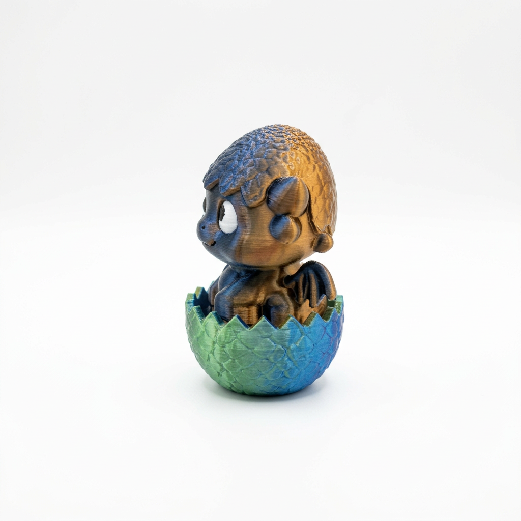 Side view of colourful baby dragon egg clicker on a white background