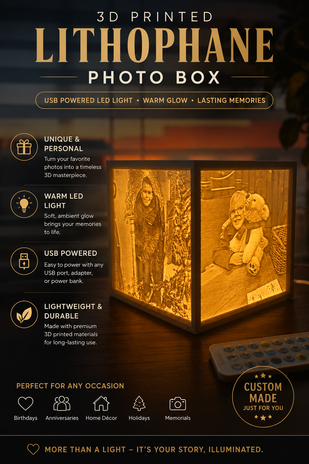 Personalised 3D Printed Lithophane Photo Box – USB Powered LED Light | Custom Photo Memory Light